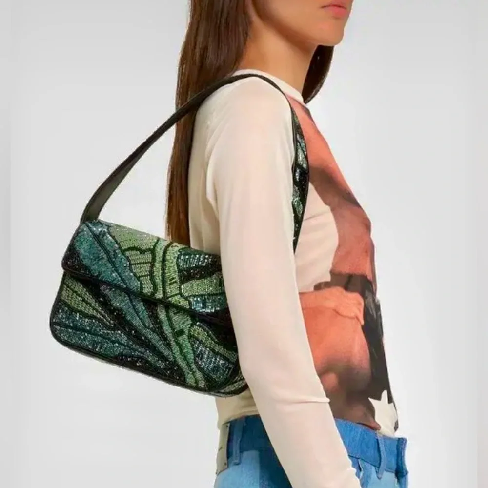 🌺🎉HP🎉🌺 NWOT Staud Beaded Tommy Shoulder Bag Green Palms  🌟 Rare Find 🌟 - Picture 12 of 16